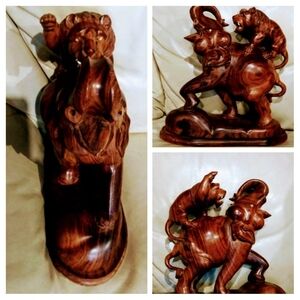 Handcrafted Wooden Elephant and Tiger Sculpture